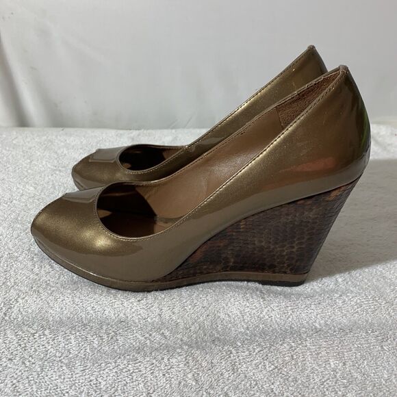 Donald J Pliner Habiki Peep Toe Wedges Snake Print Gold Women’s 9.5 Bronze - Picture 3 of 9